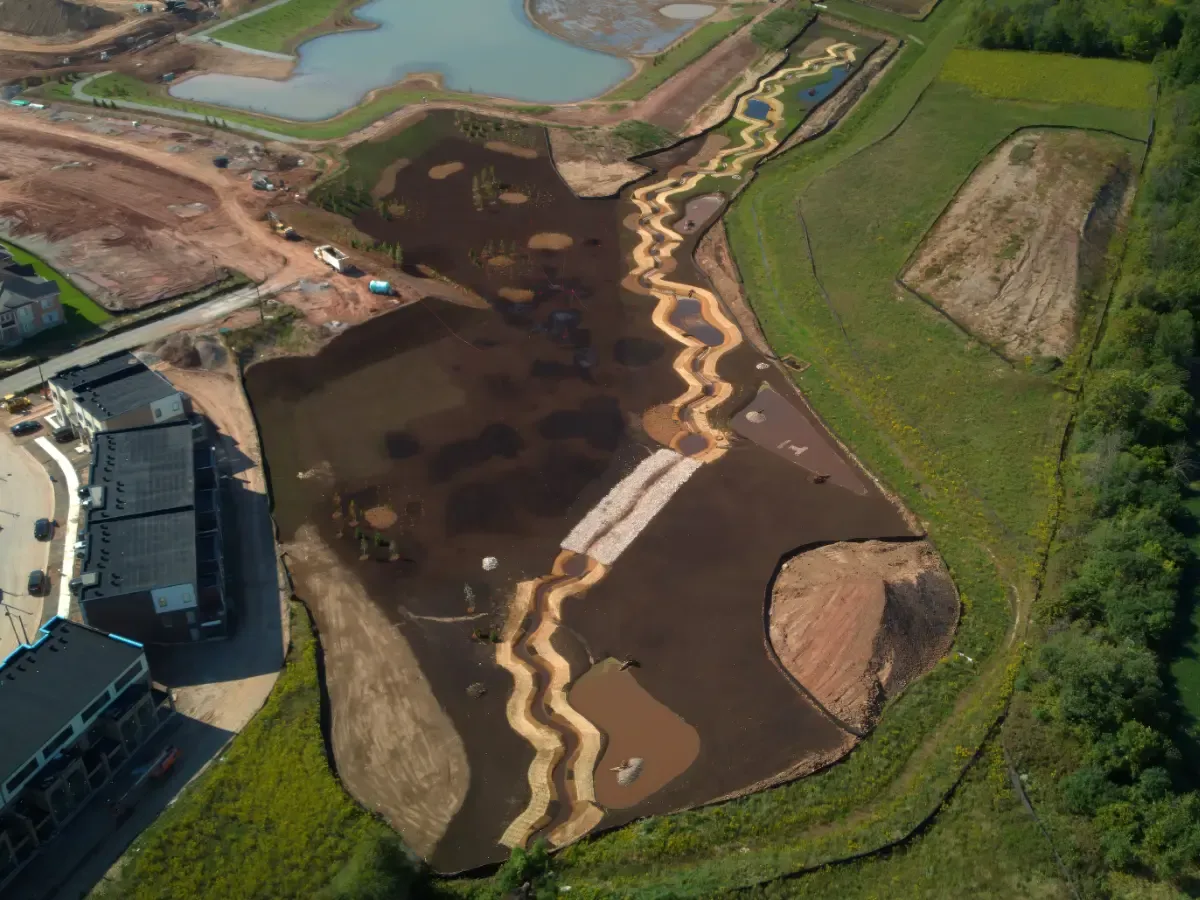 A drone photograph of a construction site in Oakville, Ontario.