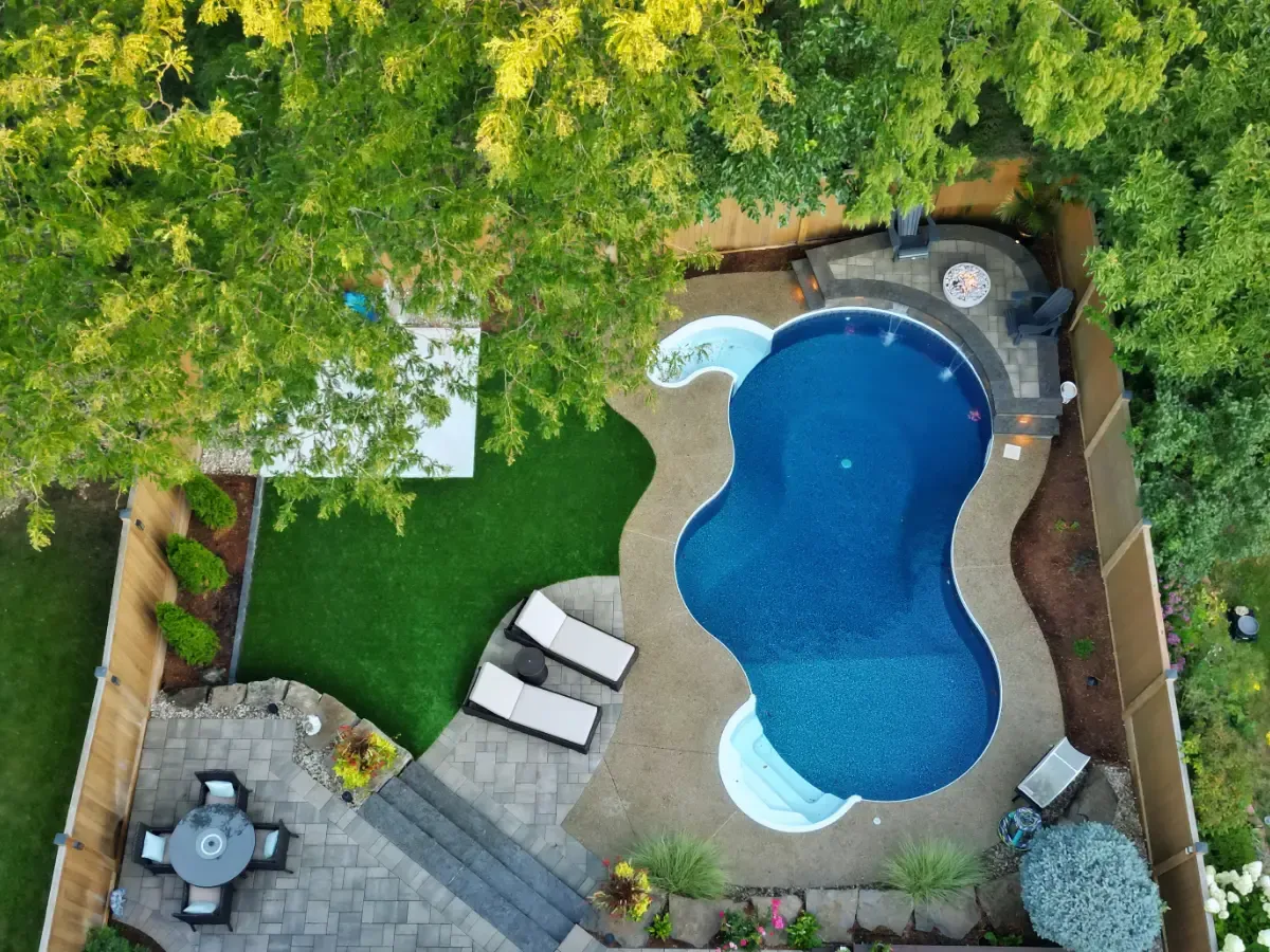 An overhead drone photograph of a residential property in Burlington, Ontario.