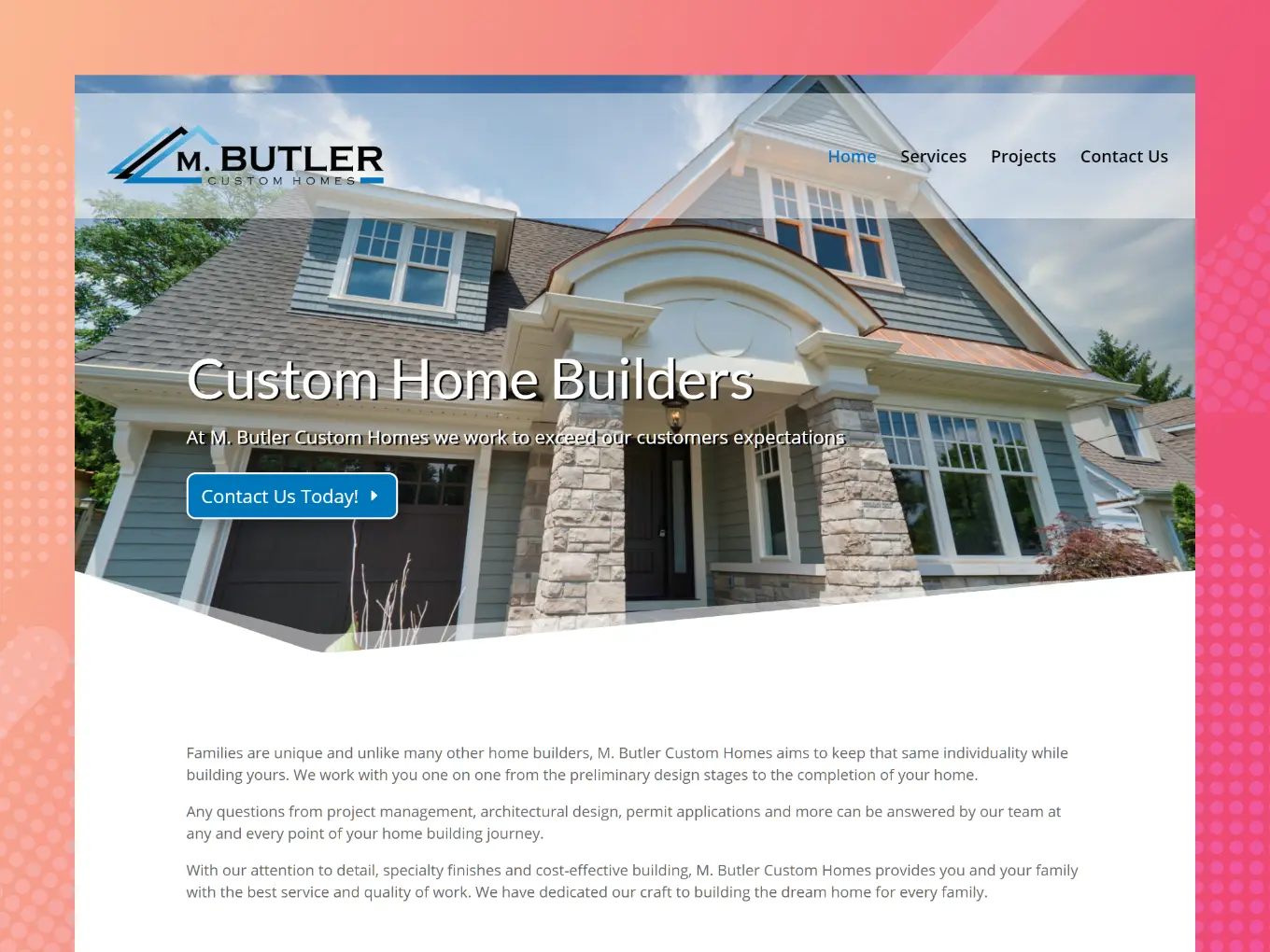 A website for a custom home builder in Burlington, Ontario.